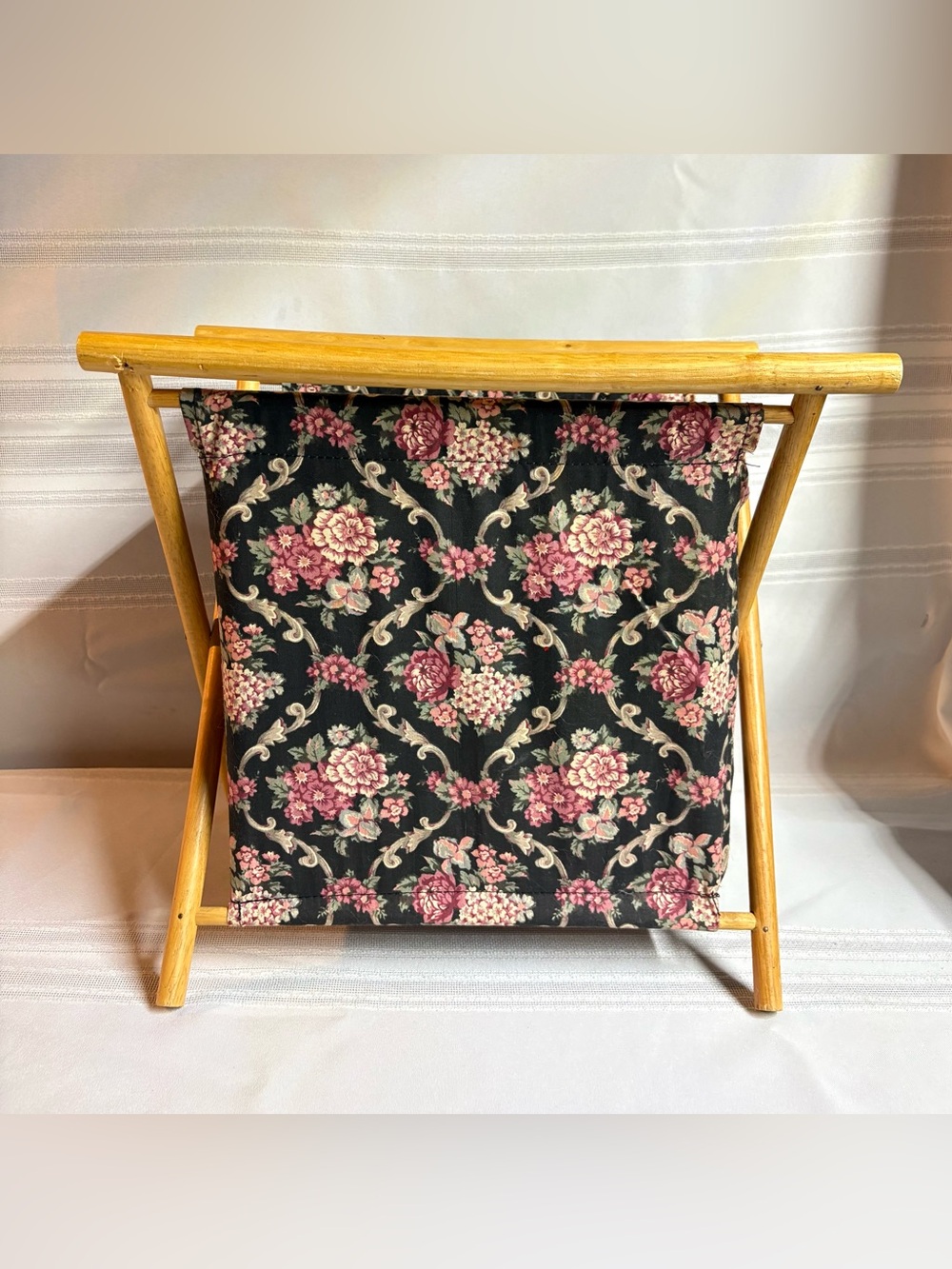 Vintage Floral Fabric Wood Sewing Yarn Magazine Basket Foldable 12.5x13.5